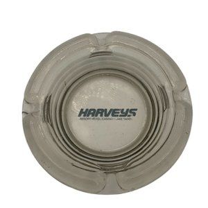 Vintage Harvey's Lake Tahoe Resort Hotel Casino Clear Glass Ashtray Blue Logo